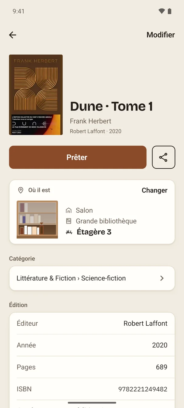 La fiche de Dune · Tome 1 dans Aldus : Robert Laffont, 2020, rangé au Salon, Grande bibliothèque, Étagère 3.