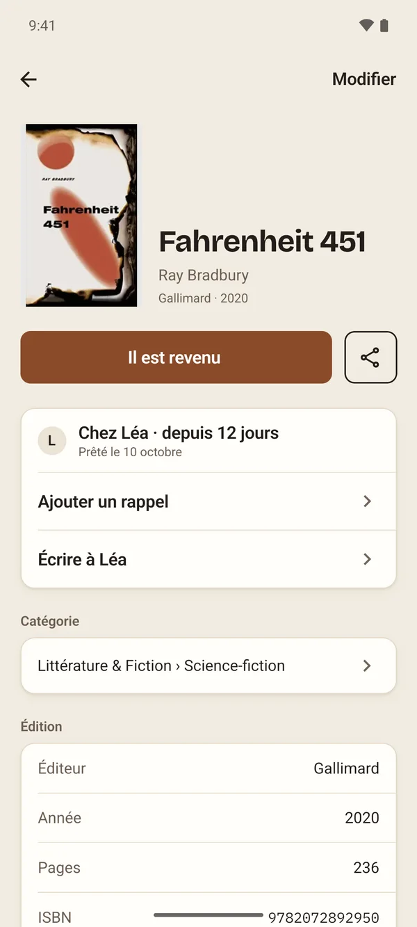 Fahrenheit 451 dans Aldus : chez Léa depuis 12 jours, avec « Ajouter un rappel ».